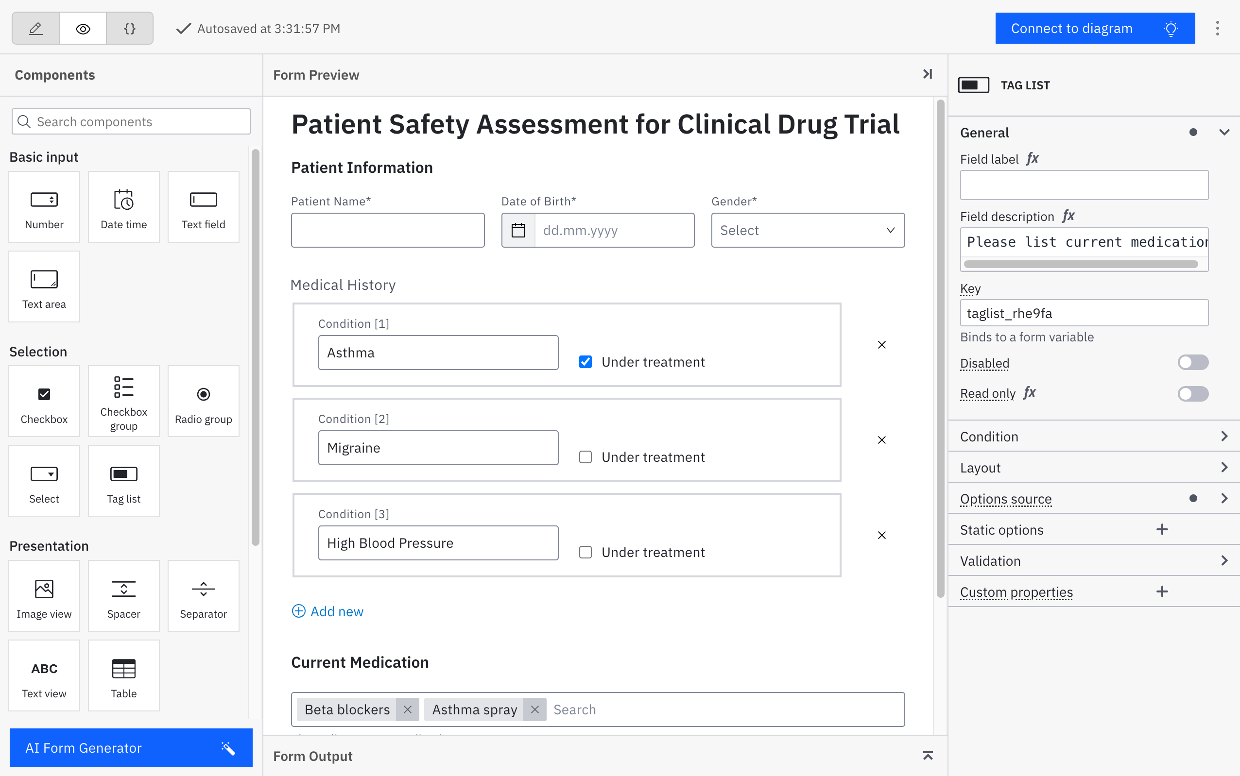 Camunda Forms editor with a component palette, a patient assessment form preview, and Tag List properties.