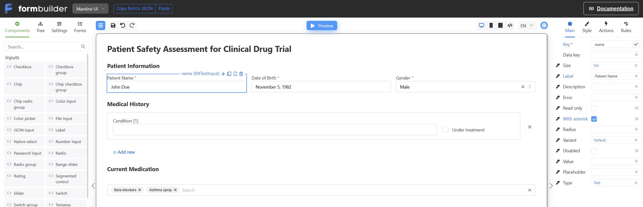 Form Engine Designer with a component palette, a selected field's properties, and a patient-assessment form.