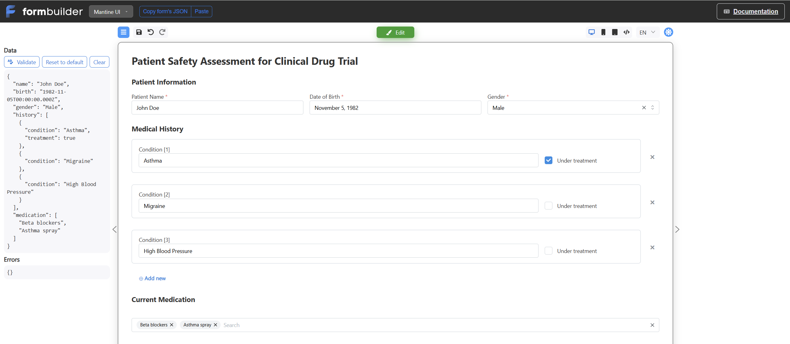 Form Engine preview with three medical-history rows, treatment checkboxes, and medication tags.