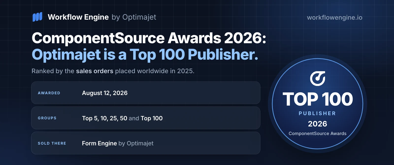 A Top 100 Publisher 2026 badge with the ComponentSource symbol, next to three facts: the award date, the five award groups and Form Engine as the product sold