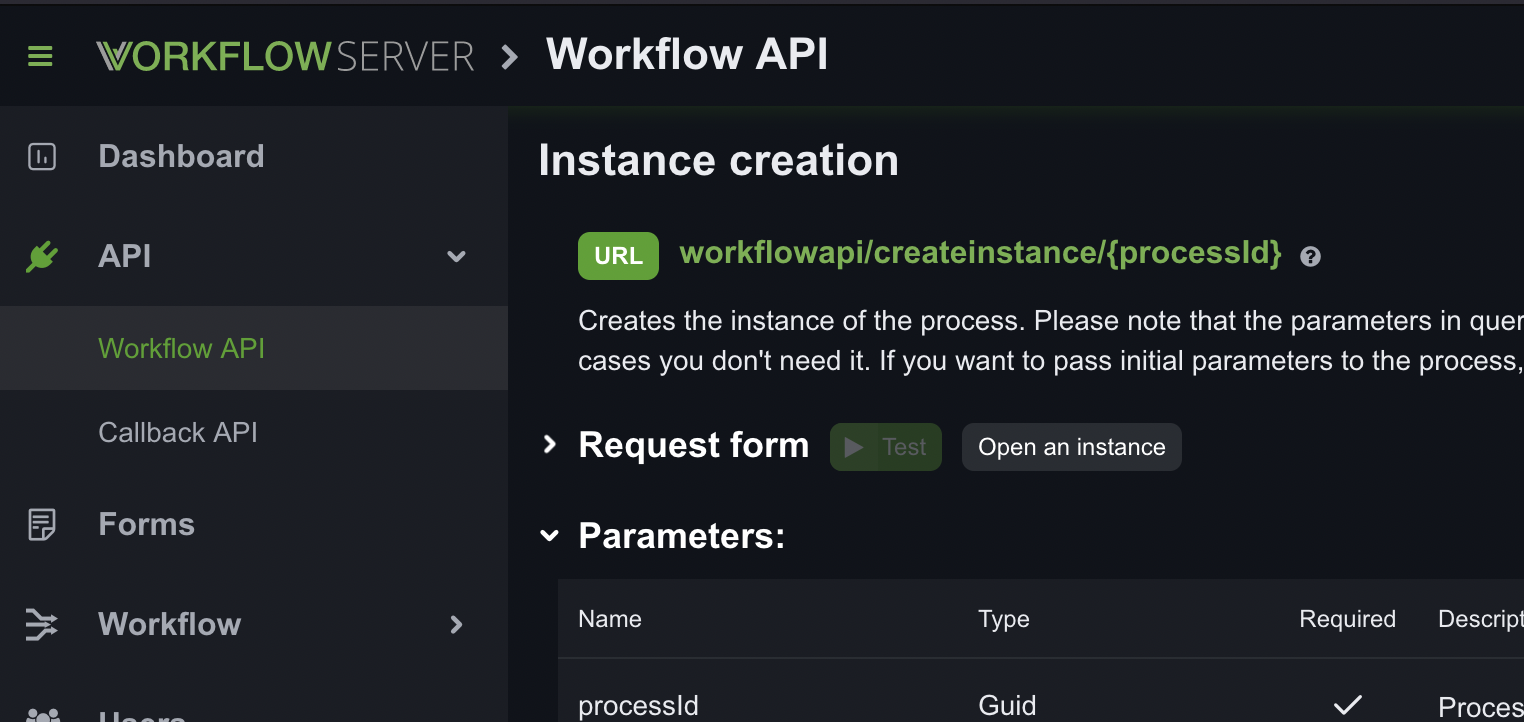 The Workflow Server admin panel on its Workflow API page, showing the createinstance endpoint and its parameters