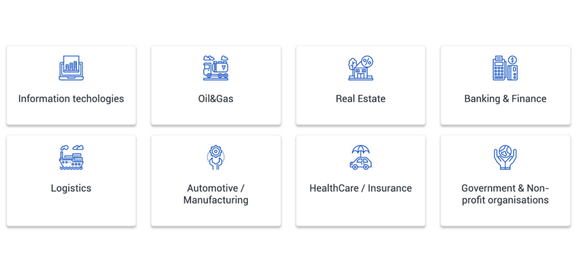 Icons for eight industries: IT, oil and gas, real estate, banking and finance, logistics, manufacturing, healthcare and insurance, government
