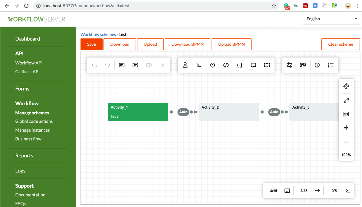 The same test scheme opened in Workflow Server