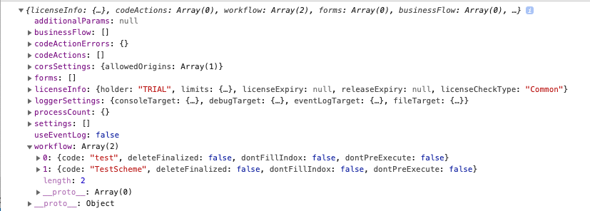 Browser console showing the response.item variable returned by Workflow Server