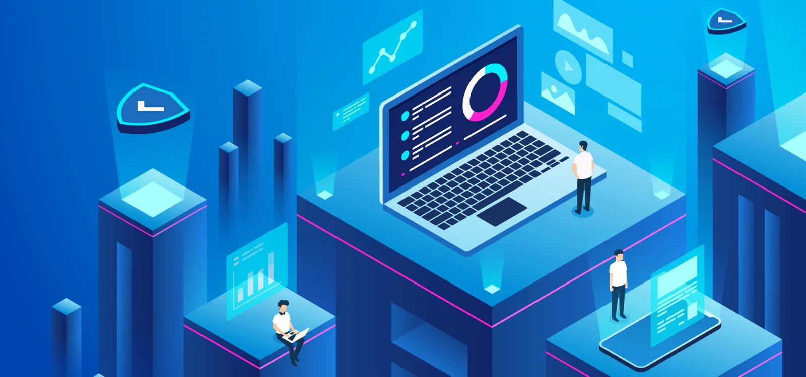 An isometric illustration in blue: a laptop with a dashboard, people at work and floating charts
