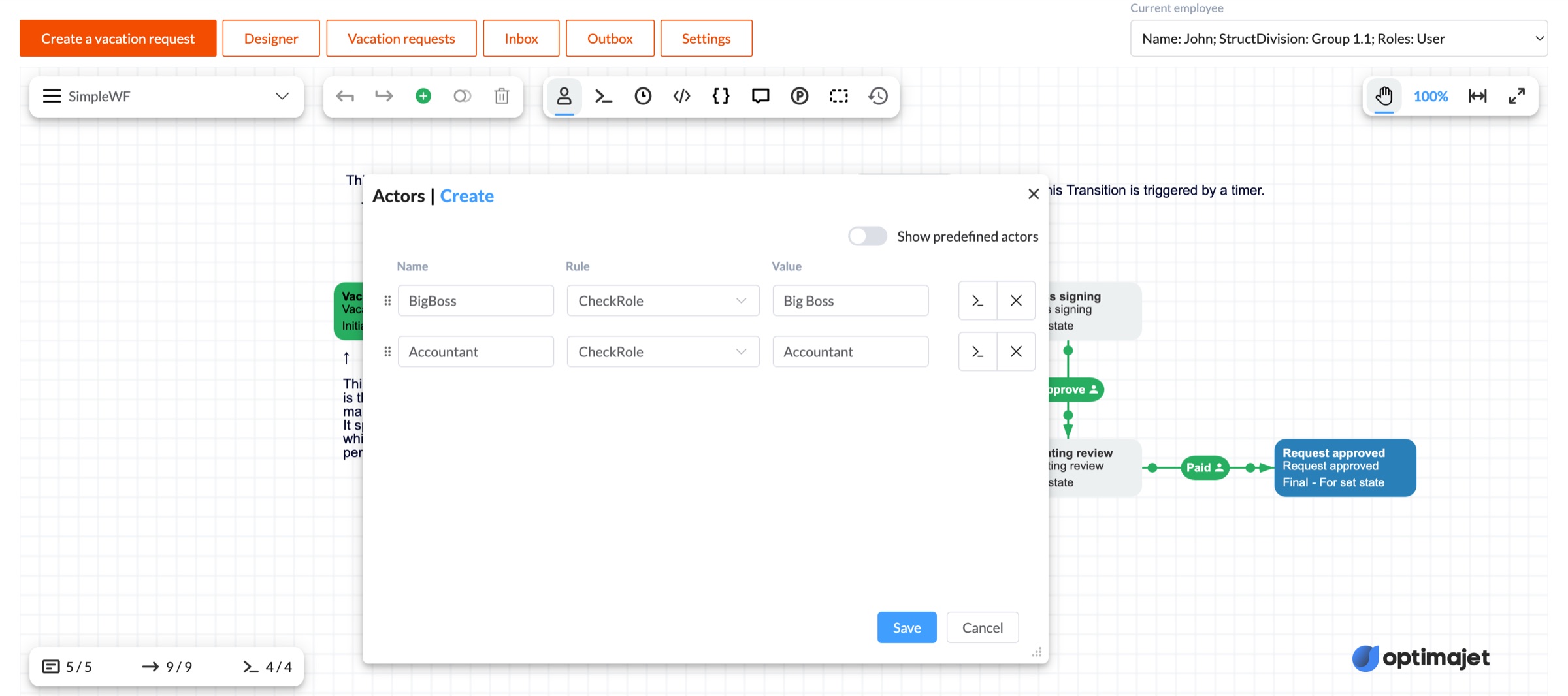 The Workflow Designer with its Actors dialog open. The dialog lists two actors in three columns, Name, Rule and Value: BigBoss bound to the rule CheckRole with the value Big Boss, and Accountant bound to CheckRole with the value Accountant. Behind the dialog the vacation approval scheme shows command pills carrying a person glyph, and the demo header carries a Current employee selector reading Name: John; StructDivision: Group 1.1; Roles: User.