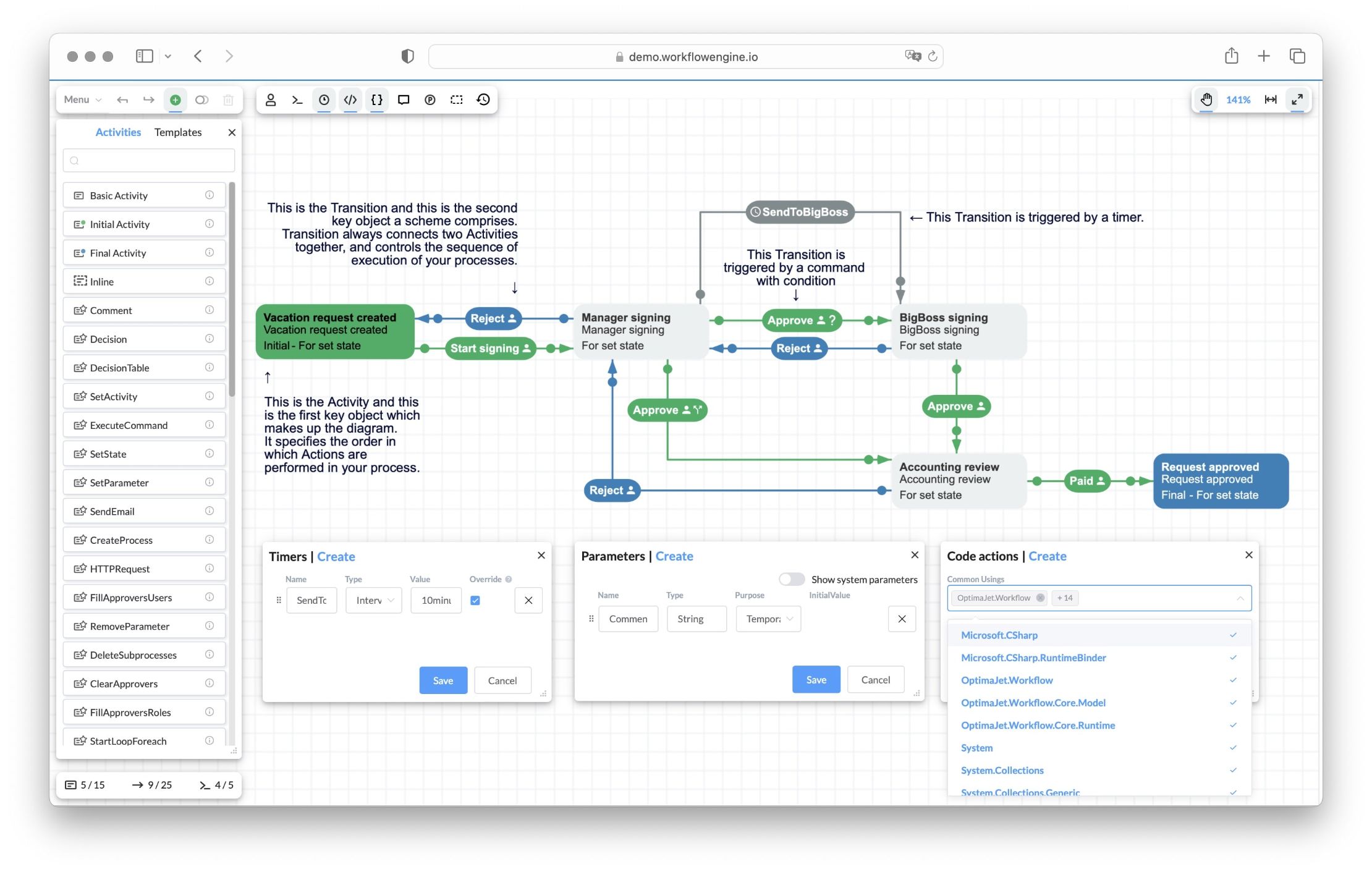 Workflow Engine HTML5 designer showing the Vacation Approval scheme: Activities (Vacation request created, Manager signing, BigBoss signing, Accounting review, Request approved) connected by Approve and Reject Transitions, a SendToBigBoss timer transition, with Timers, Parameters, and Code actions panels